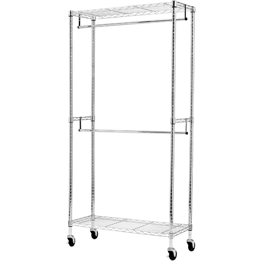 Adjustable Double Hanging Rod Garment Rolling Closet Organizer, Chrome Finish, 36'' x 14'' x 72''