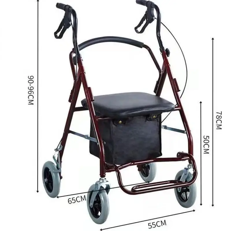 Double Hand Brake Elderly Walker with Wheels Foldable Shopping Cart Trolley Rehabilitation Mobility Aids Walking Stick Can Seat