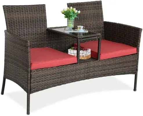 

Patio Conversation Set Outdoor Patio Loveseat Rattan Chair Set with Cushions and Built-in Coffee Table Porch for Garden Lawn B