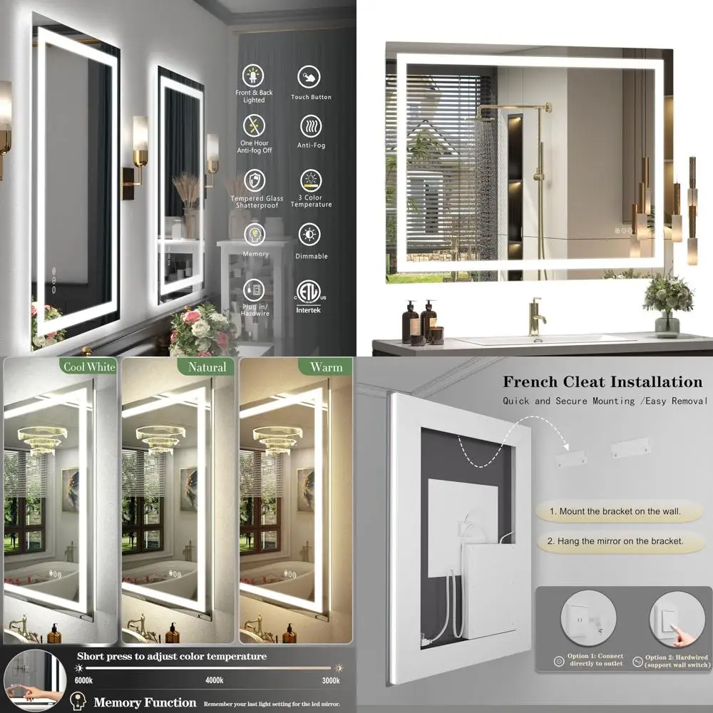 

Wall-Mounted LED Lighted Bathroom Mirror, 40x30 Inch, Dimmable, Anti-Fog, Shatter-Proof, ETL Certified with Front and Back Light