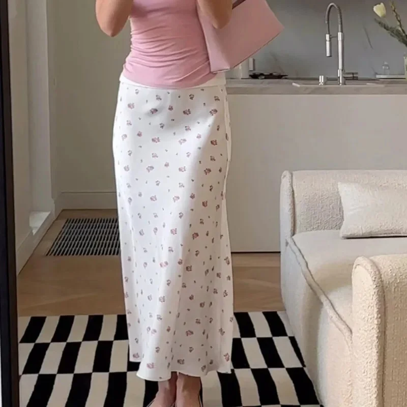 Floral Print Satin Midi Skirt For Women High Waist Bias Cut Slip Skirt Elegant Slim Fit Long Skirt Casual Vacation Wear Summer