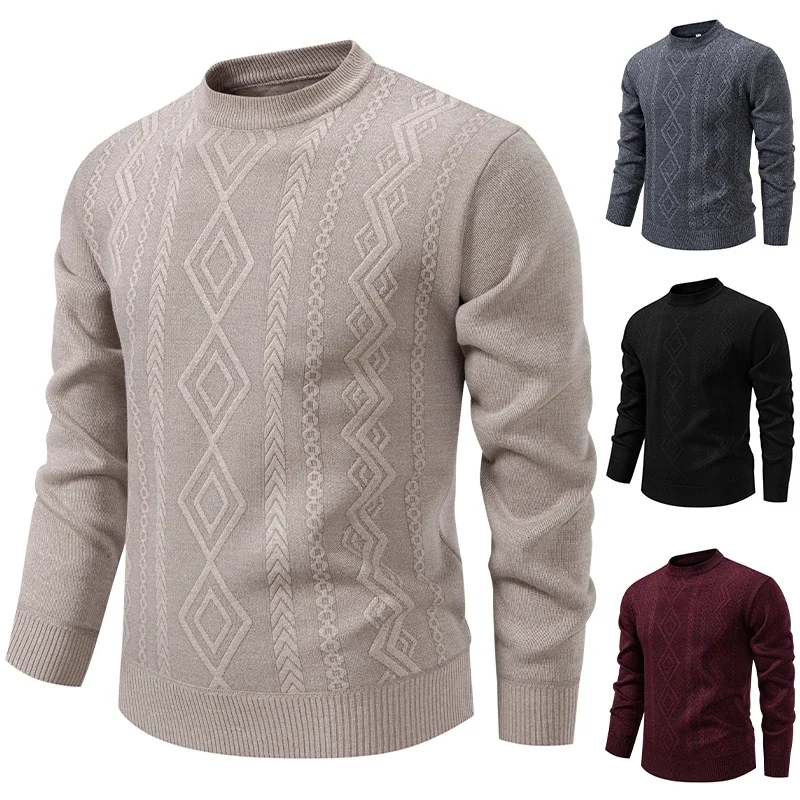 Regular Fit Fleece Lined Male Sweater Vertical Chain Rhombus Jacquard Crew Neck Home Travel Warm Long Sleeve Top