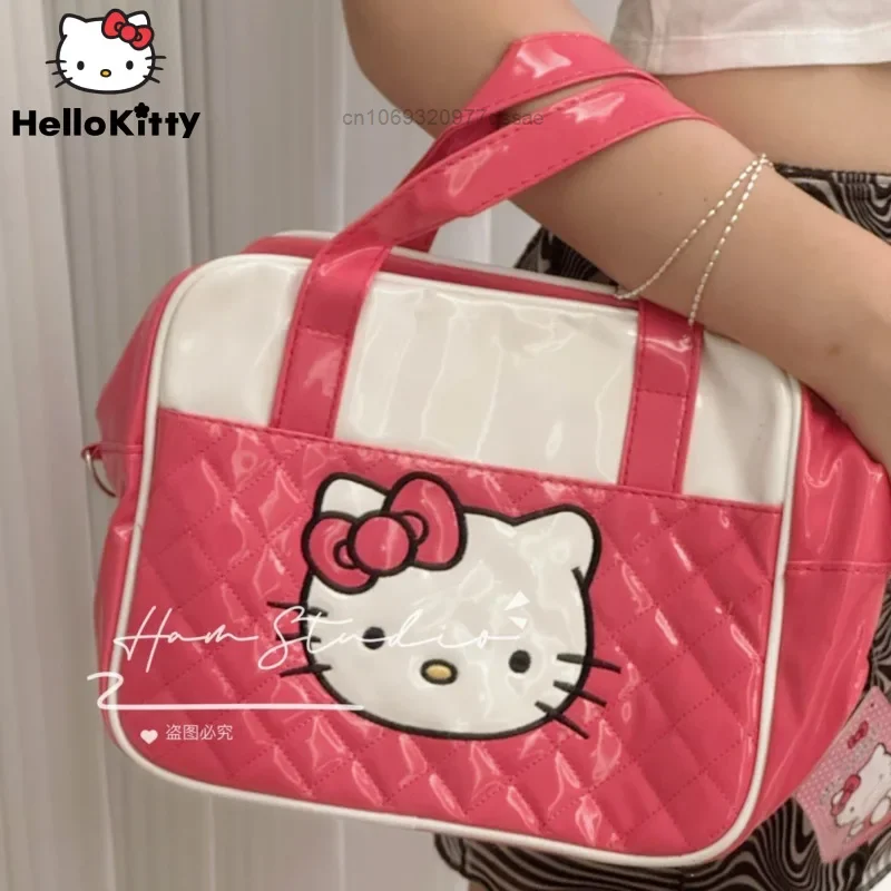 Sanrio Embroidered Cute Cartoon Hello Kitty Zipper Square Handbags Y2k PU Leather Women\'s Cosmetic Storage Bags Lunch Box