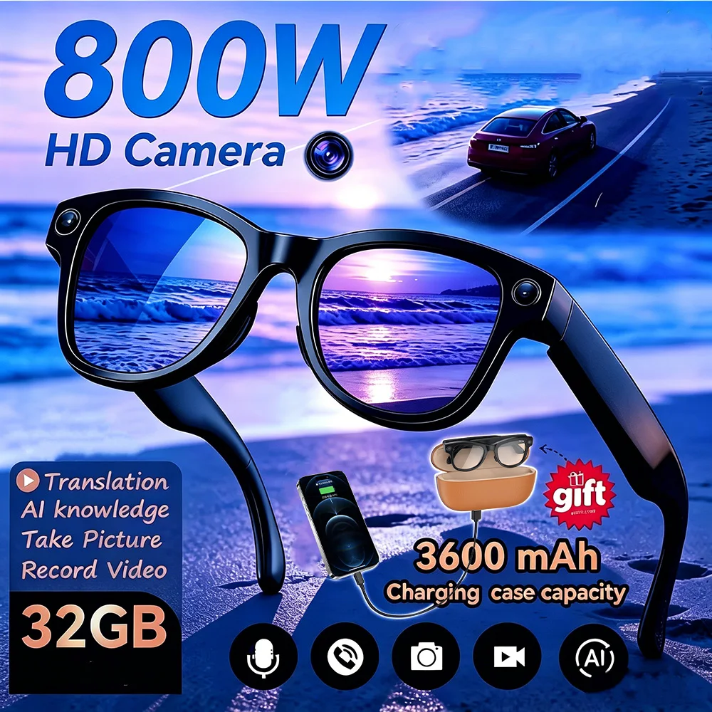 

2026 New Smart AI Glasses 4K 800W Camera ChatGPT Photos&Video 3600mAh Charging Case Power Bank 32GB Translation Music Sunglasses