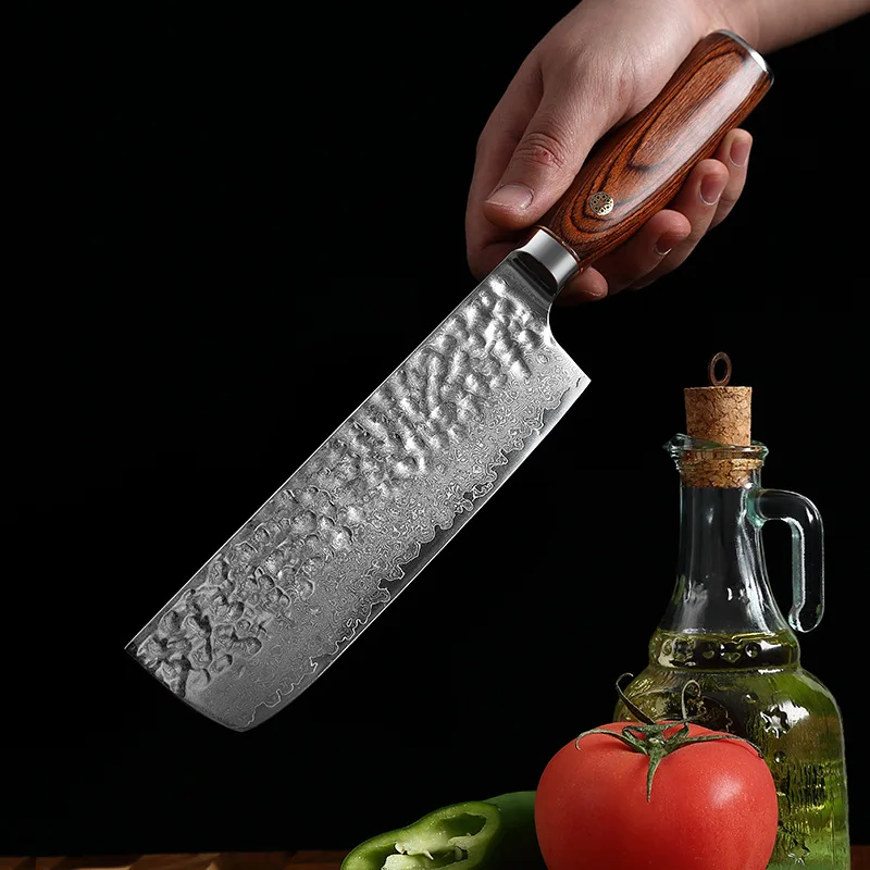 

7 Inch Nakiri Knife 10Cr15Mov 67 Layers Damascus Steel Blade Chefs Cleaver Slicing Handmade Forged Kitchen Knives Wood Handle