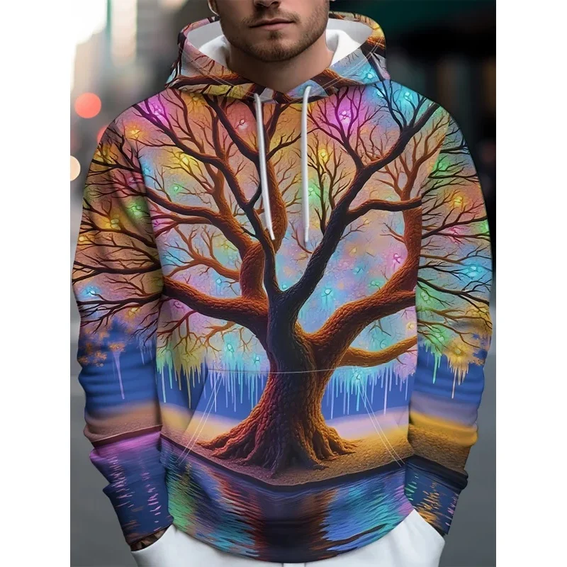 Men Colorful Glowing Life Tree Lake Reflection 3D Print Hoodie Fantasy Nature Graphic Casual Long Sleeve Hooded Sweatshirt