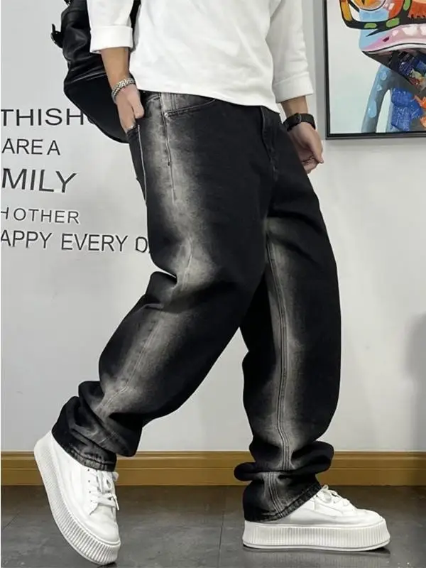 

Мужские джинсы в стиле ретро, американские, свободного прямого кроя, из денима, весенне-осенние, модные, больших размеров, удобные, длинные брюки