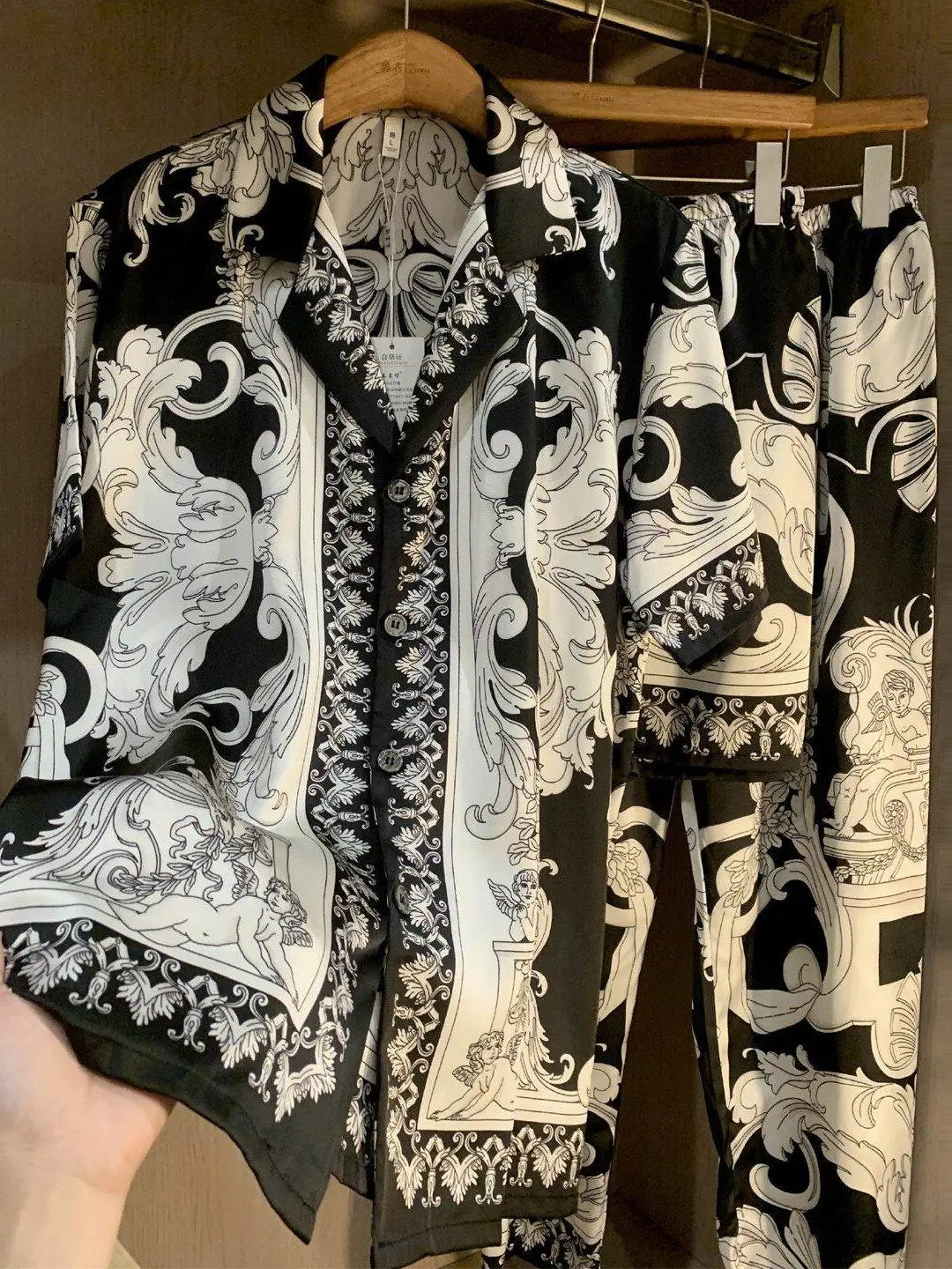 Men's Silk Sleepwear Summer Three-Piece Set Thin High-End   Silk Nightgown Home Clothes Long Pants Eight-Sleeve
