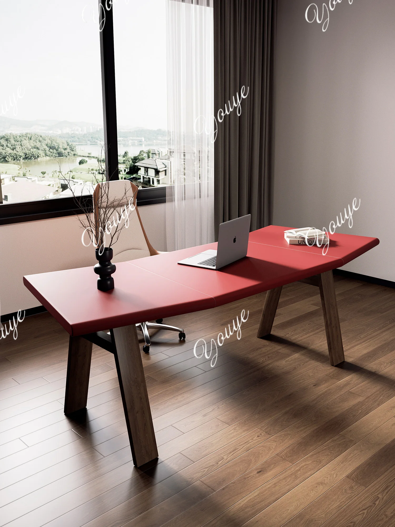 

Saddle leather solid wood office boss desk computer desk curved office modern simple high-end workbench