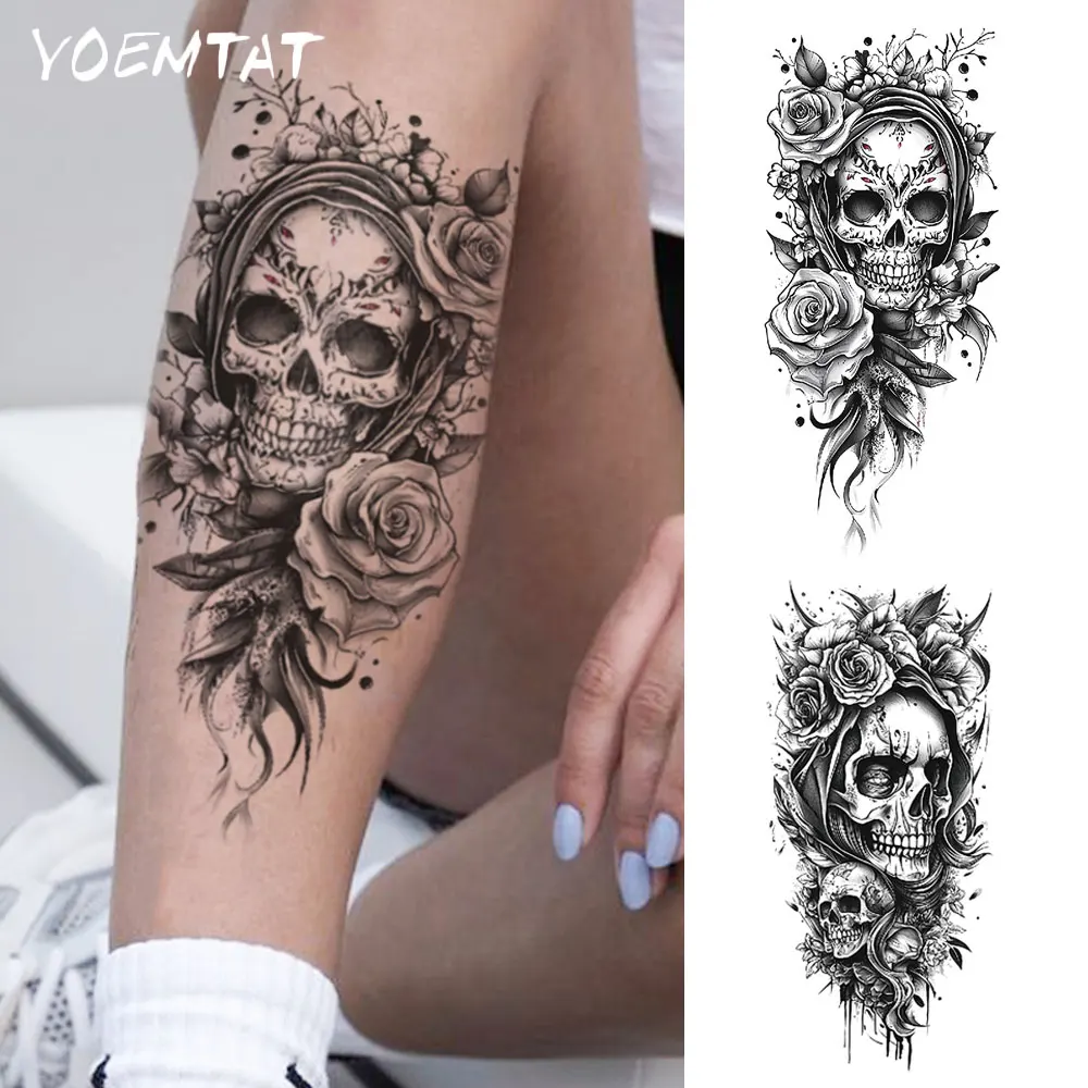 

Waterproof Temporary Tattoo Sticker Black Line Rose Skull Bones Flowers Leaves Body Art Arm Fake Tattoos Sleeve Women Men Leg