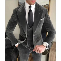 Biznes szary aksamitna marynarka zestawy ślubne garnitury męskie Slim Fit Custome Homme eleganckie formalne 3 kawałki stroje kurtka + spodnie + kamizelka