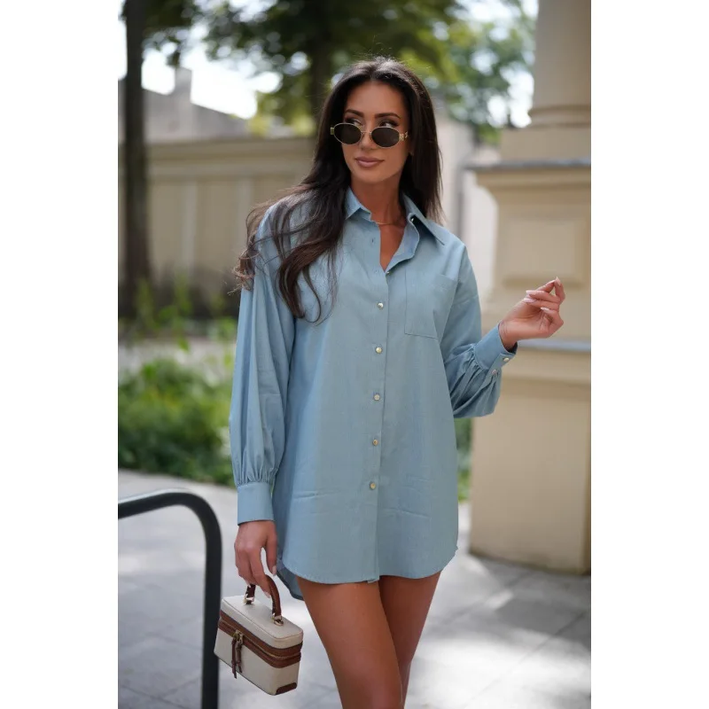 Women's Shirt Solid Color Lapel Button Denim Long Sleeved Minimalist Shirt 2024 Spring and Autumn