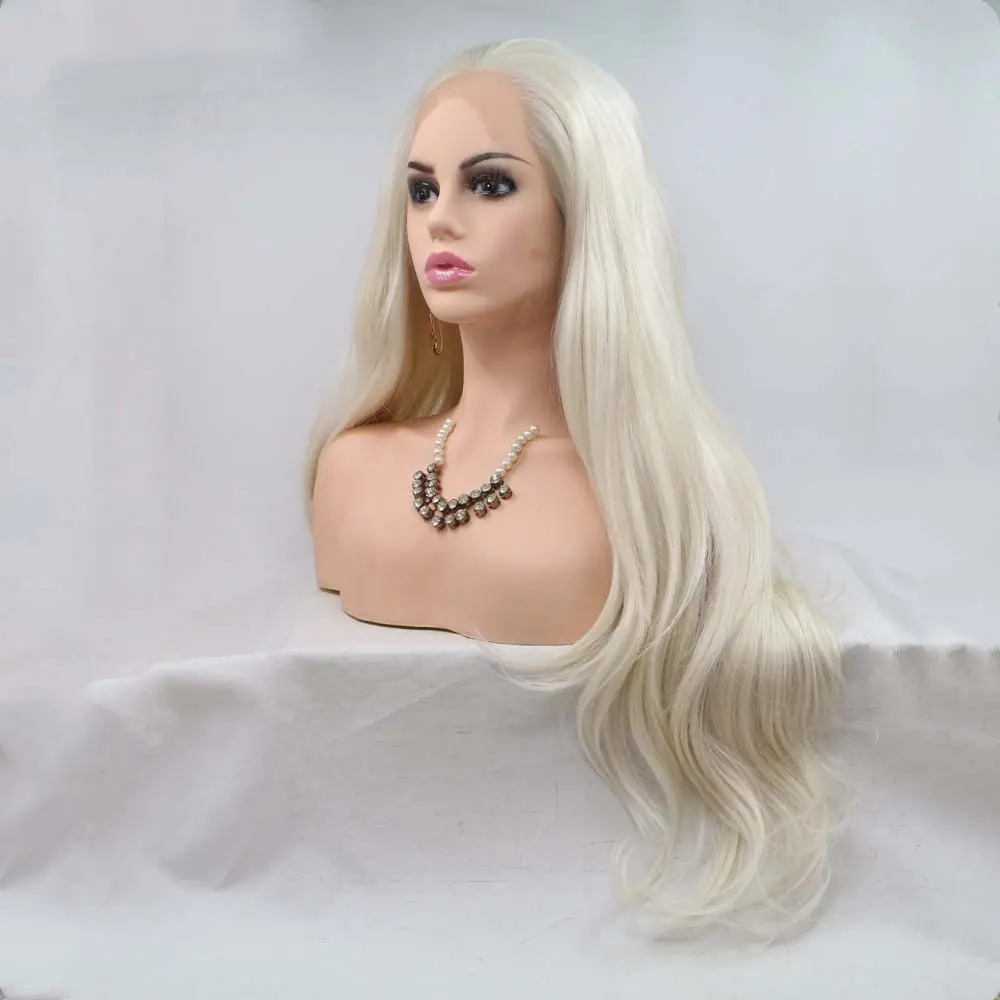 Peruki Sylva Platinum Blonde 60.#Kolor Biały blond Syntetyczna koronka z przodu Blond Falowane włosy Peruka Włókno termoodporne Długie faliste peruki