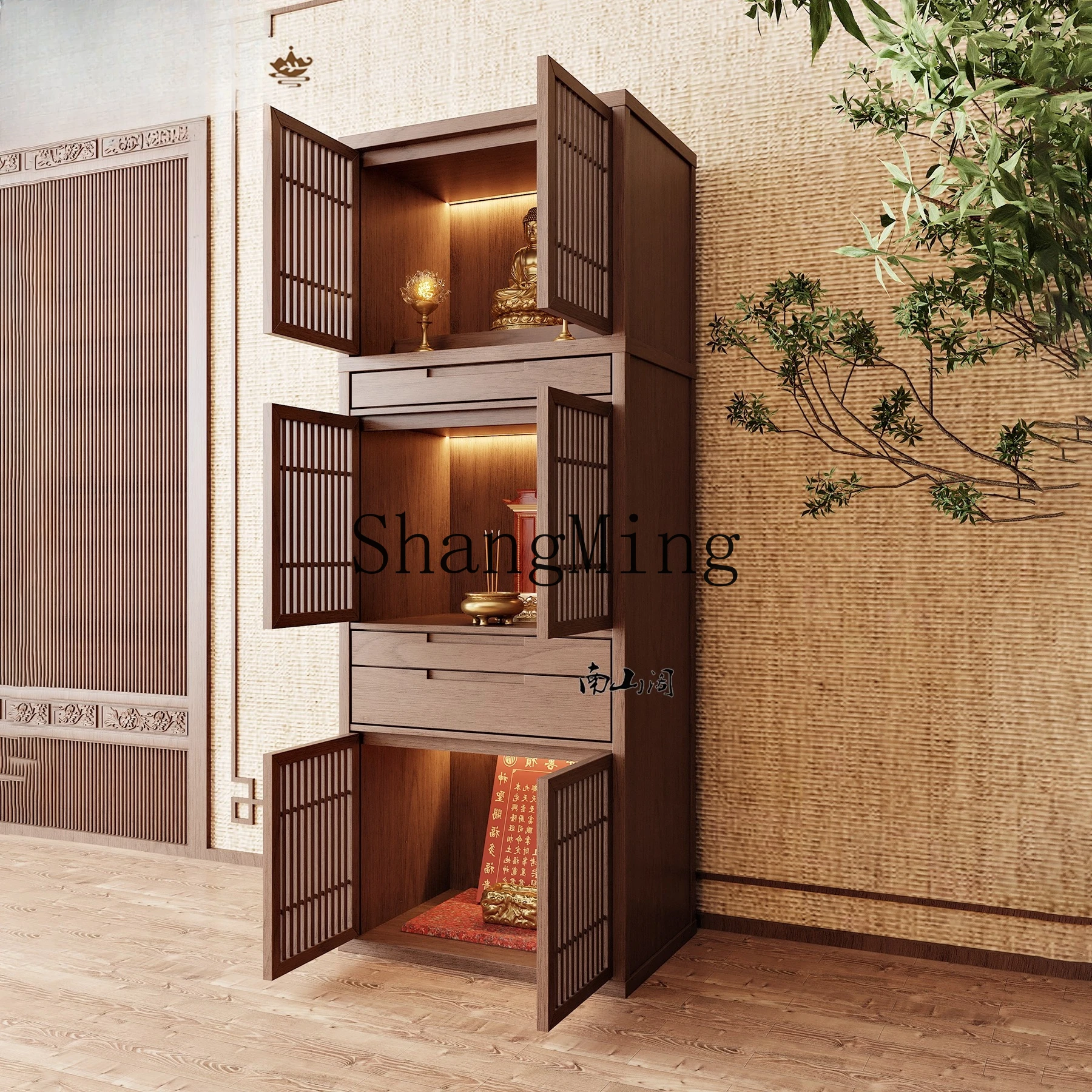 

CL Buddhist Altar Cabinet New Chinese Cabinet White Wax Wood Three-Layer God Altar God of Wealth with Door Altar Table