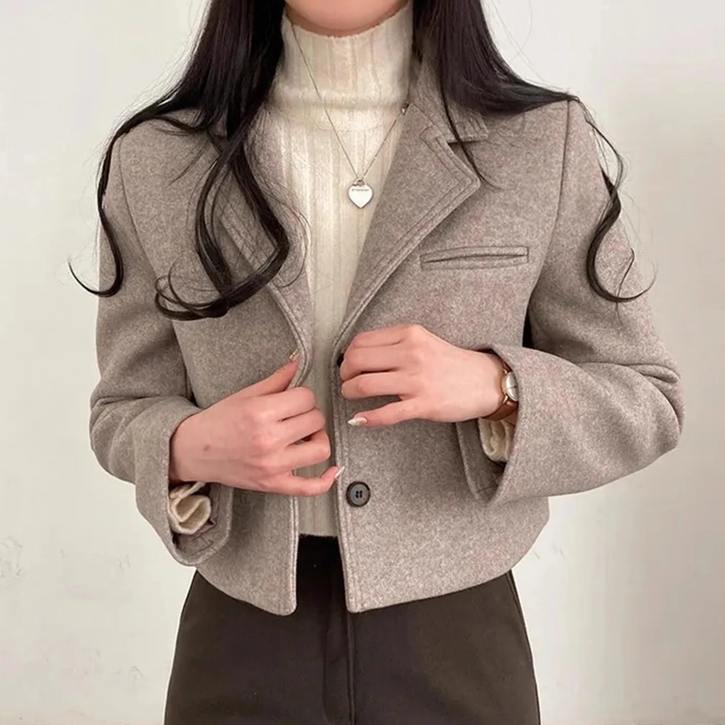 

Retro Simple Sle Women's ort Woolen Suit Jaet Winter New Single Button Versatile Top Korean Version Loose Fit Long Sve