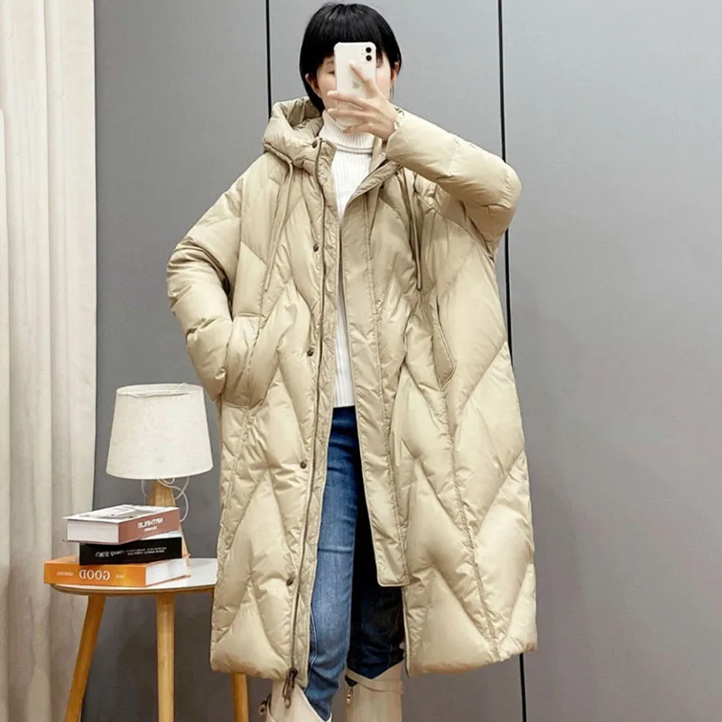 Oversized Women\'s Down Jacket Winter Warm Outerwear Snow White Duck Down Coat Female Casual Hooded Parker Overcoat Khaki 105KG