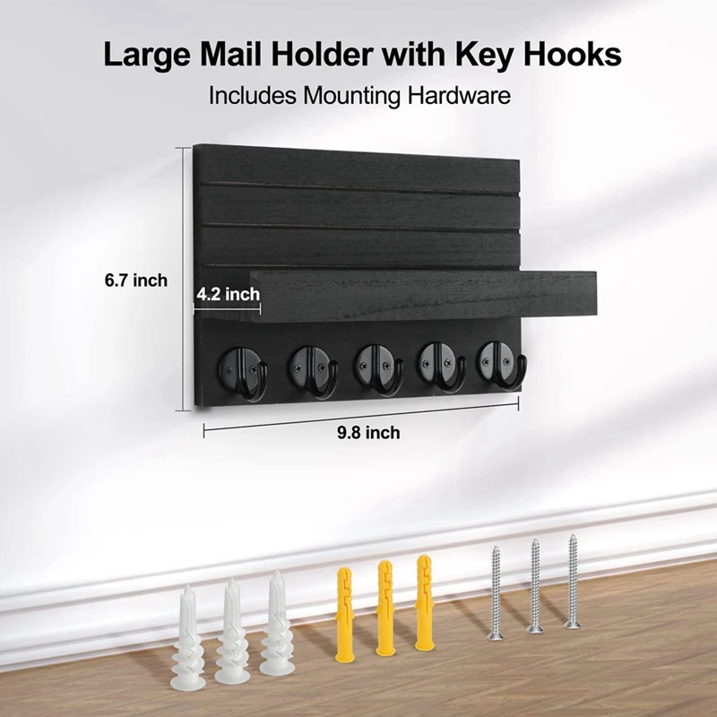 Key Holder For Wall, Decorative Key And Mail Holder With Shelf Has Large Hooks For Bags, Coats, Umbrella