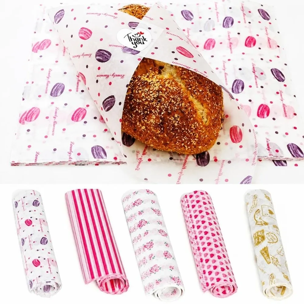 50Pcs Disposable Wax Paper Food Grade Rose/Heart/Macaron Print Food Wrapping Paper Anti-stick Striped Pattern