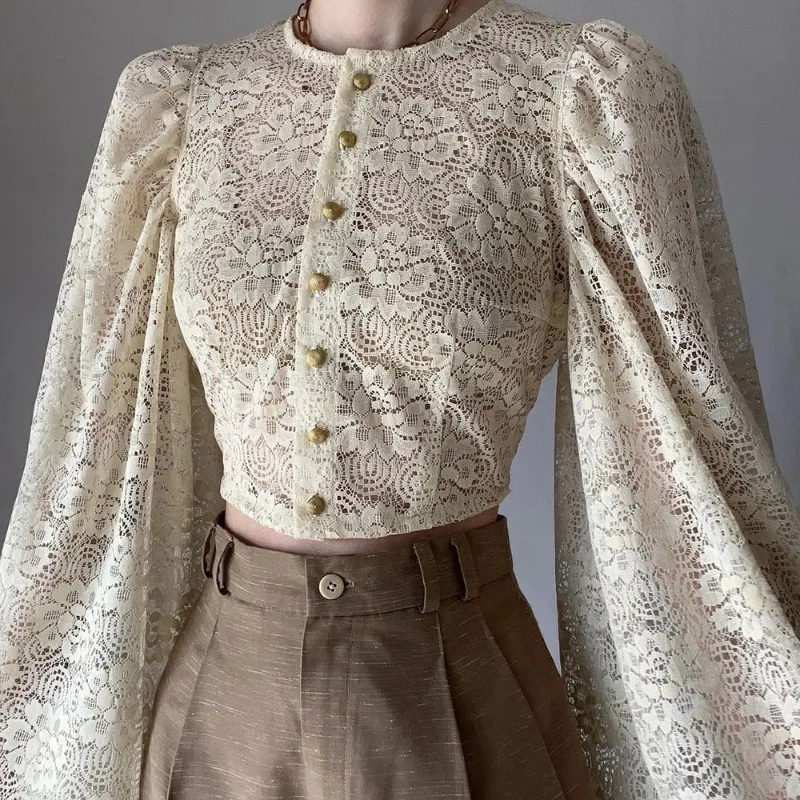 

Tuularose Luxury Lace Blouse Fashion Lace Print Single Breasted Slim Shirt Vintage Elegant Party Looks Autumn Women Blouse Tops