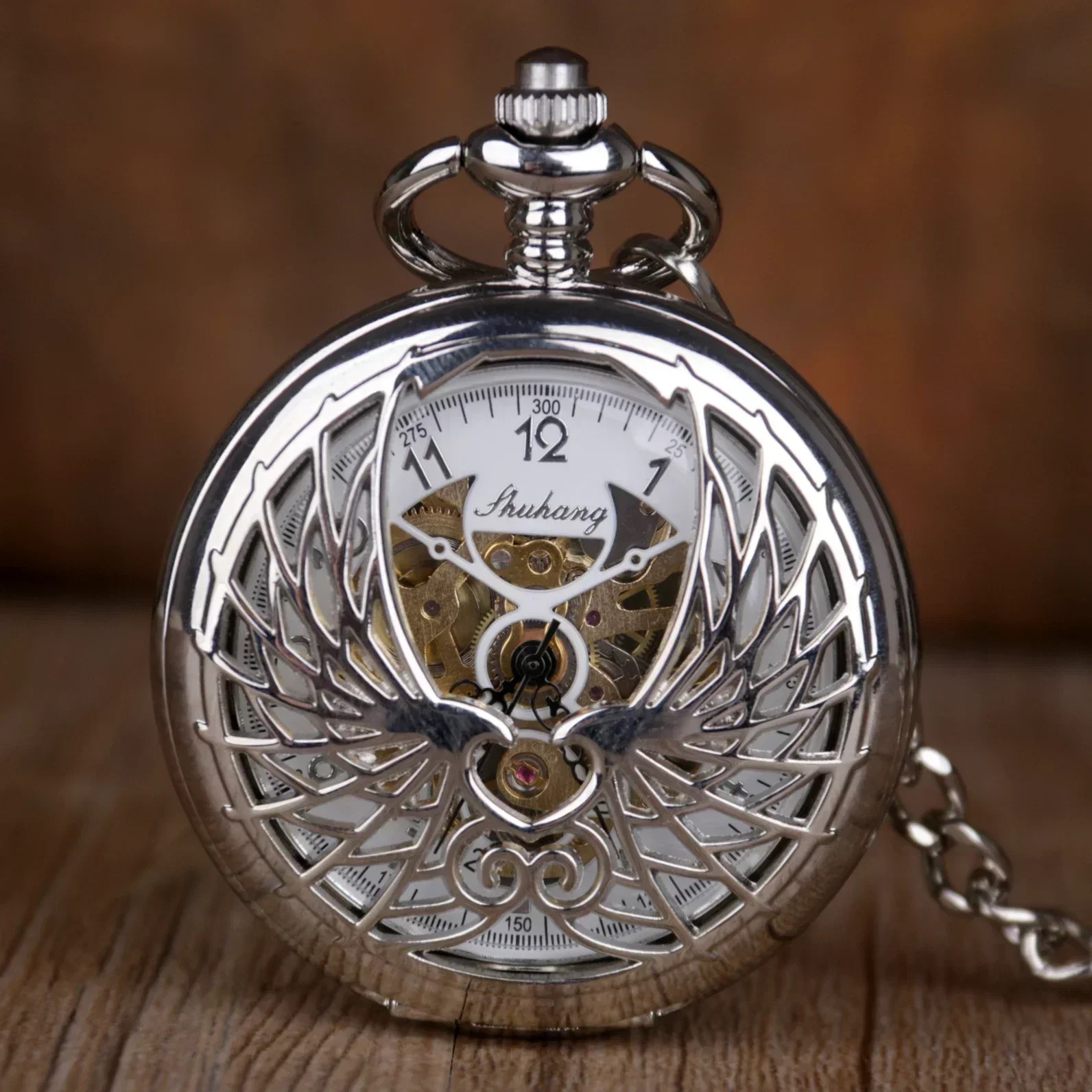 

Luxury Silver Wings of Love Mechanical Pocket Watch Men's Women's Fob Chain Unique Hollow Design Double-sided Hand Wind Watch