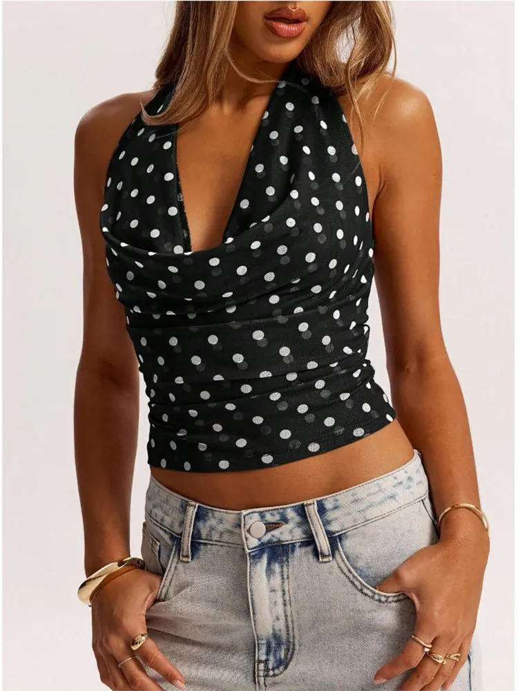 

Women's Clothing American Sexy Vest Retro Polka-dot Halterneck Slim V-neck Top Leace-up Backless Contrast All-match Temperament