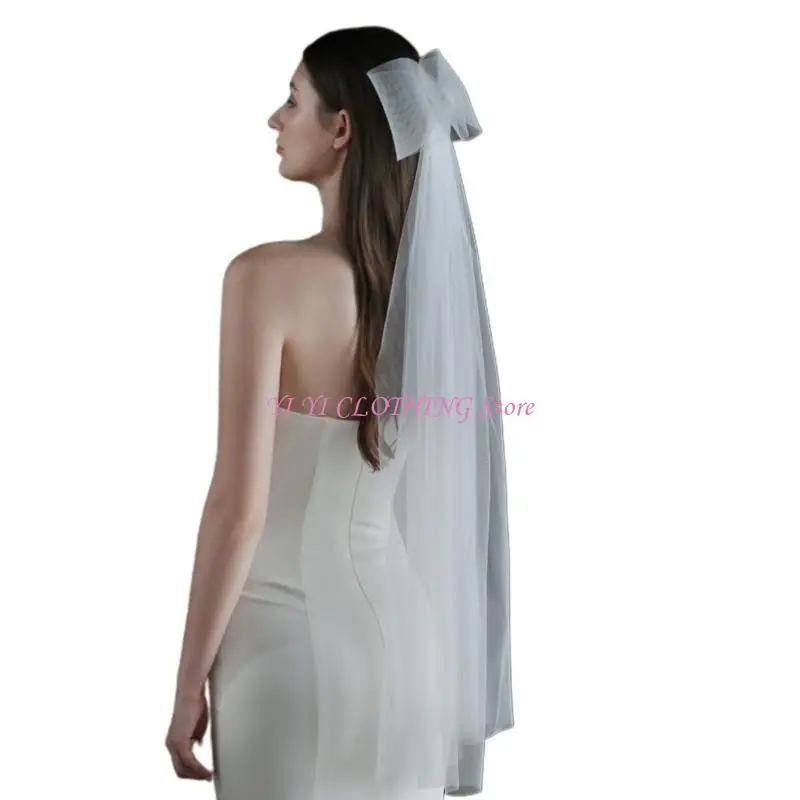 N5KF Wedding Bridal Veil with Double-Layer Bowknot Short Sheer Tulle 2 Tier