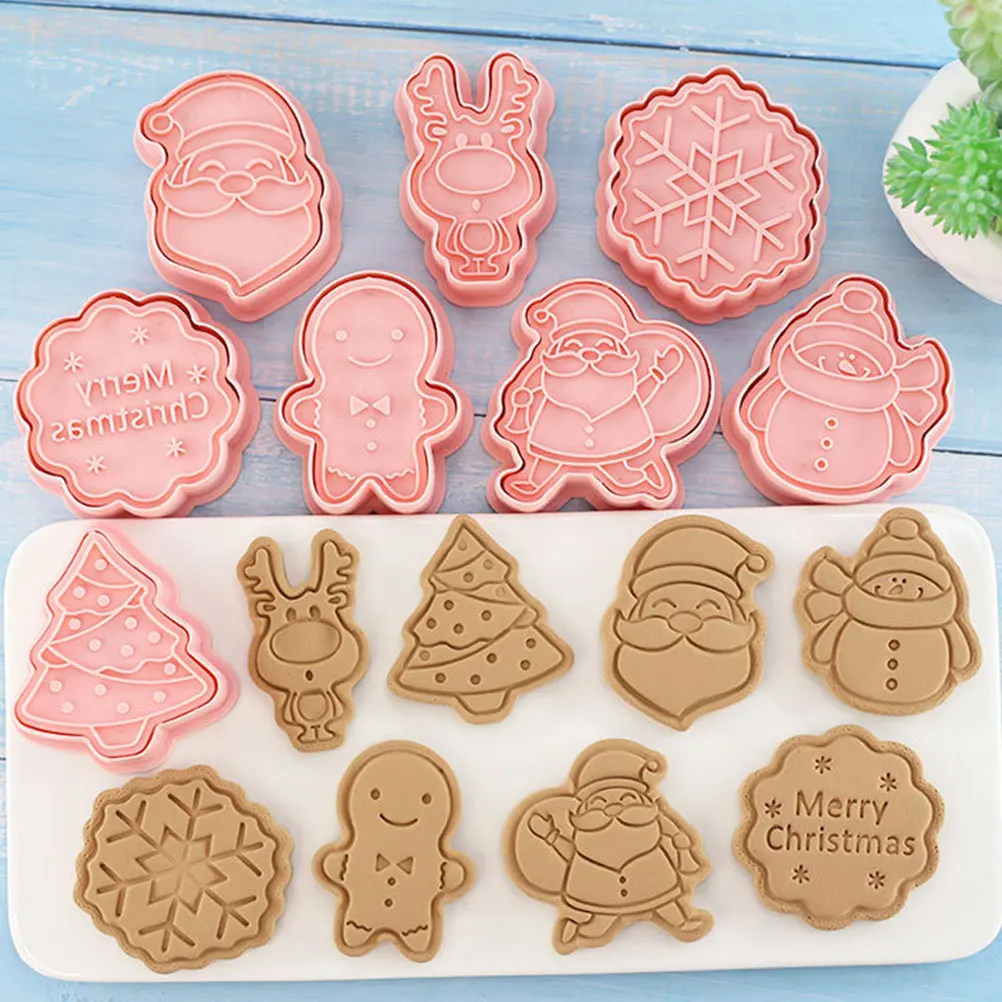 

8pcs Christmas Molds Set Cookie Cutters Baking Tools Pp Material Kitchen Gadget For Diy Baking Accessories Pink