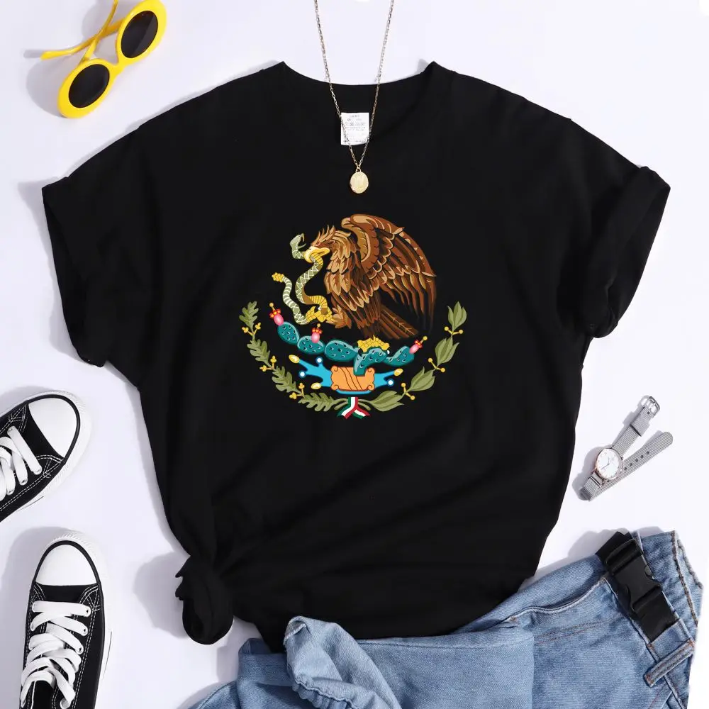 Mexico A Divine Eagle Holding A Snake In Its Beak Print Female Tshirt Breathable O-Neck Tees Casual Crop Top Streetwear Clothes