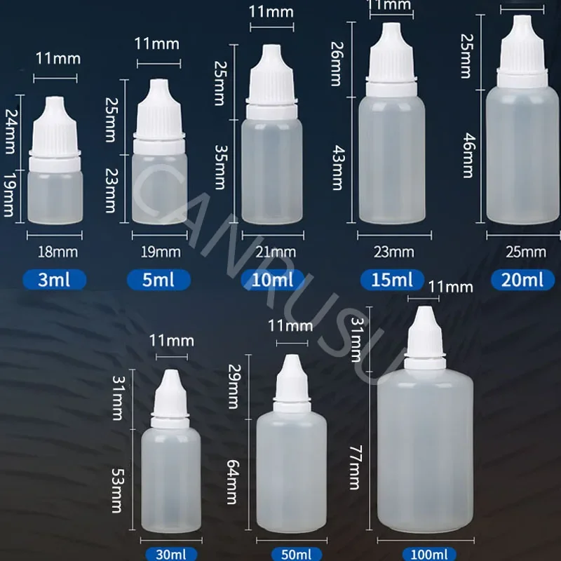 Bouteilles compte-gouttes de liquide en plastique PE, 5ML/10ML/15ML/20ML/30ML/50ML/100ML, conteneurs de peinture de voyage vides à presser, vente en gros, 5 pièces