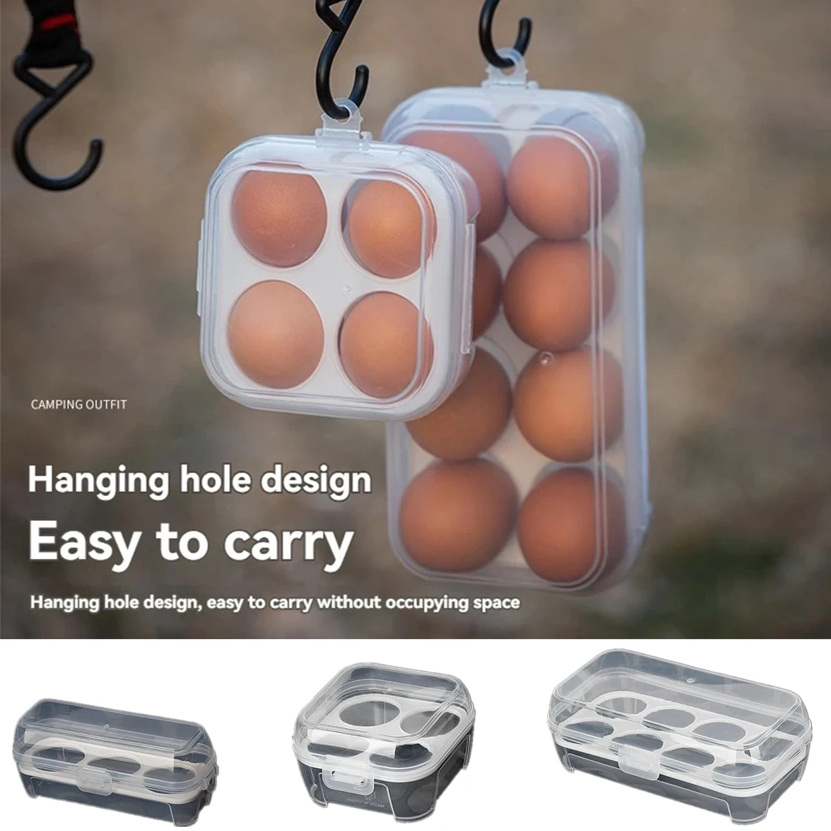 

3/4/8 Grids Lid Sealed Outdoor Camping Egg Box with Shock-absorbing Egg Holder Kitchenware Portable Transparent Storage Box