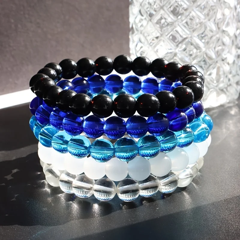 5-teiliges Set Blau Weiß Schwarz 8mm Klarglasperlen Armband Sommer Kleidung Zubehör Mode Herren Armband