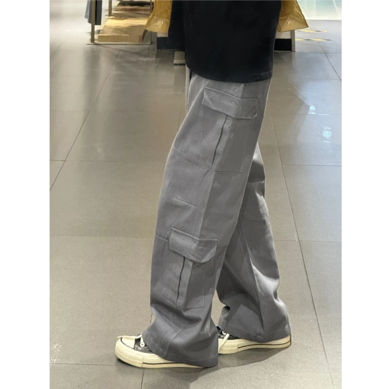 

Серые рабочие брюки для мужчин, весенне-осенние, в американском стиле, широкие, прямые, повседневные, с множеством карманов, модные, стильные