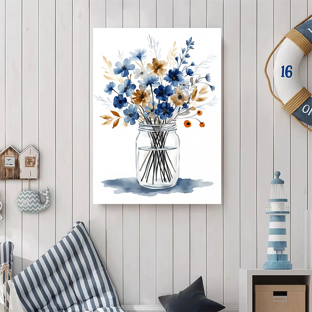 1PC-Unframed Canvas poster wall decoration  Blue Flowers in Mason Jar Watercolor Art Print