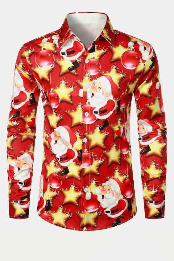 Men's shirt 3D Santa Claus element theme printing fun long-sleeved Christmas lapel shirt casual New Year Christmas gift shirt