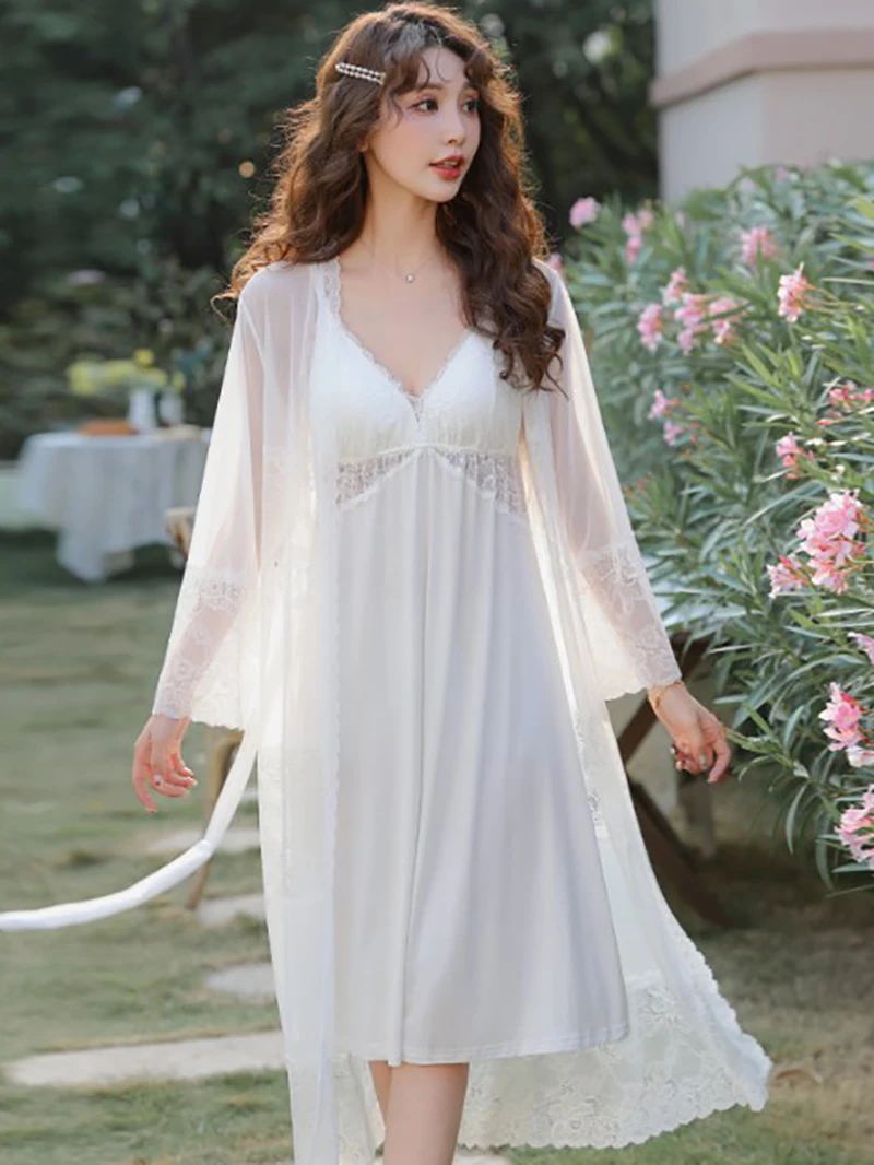 Women Summer Vintage Fairy Mesh Princess Robe Pajama Nightgowns Sexy V-neck Modal Robe Nightdress with Pads Victorian Sleepwear