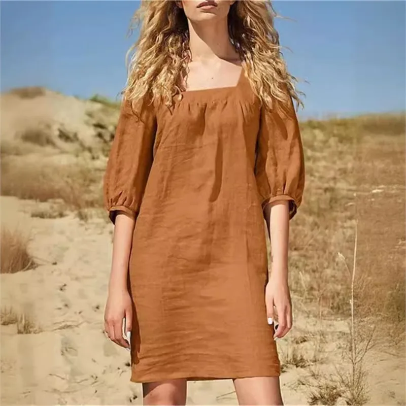 

2025 Women's New Simple Retro Cotton Square Collar Five-point Sleeve Dress Linen Puff Sleeve Wrinkled Casual Loose Skirt
