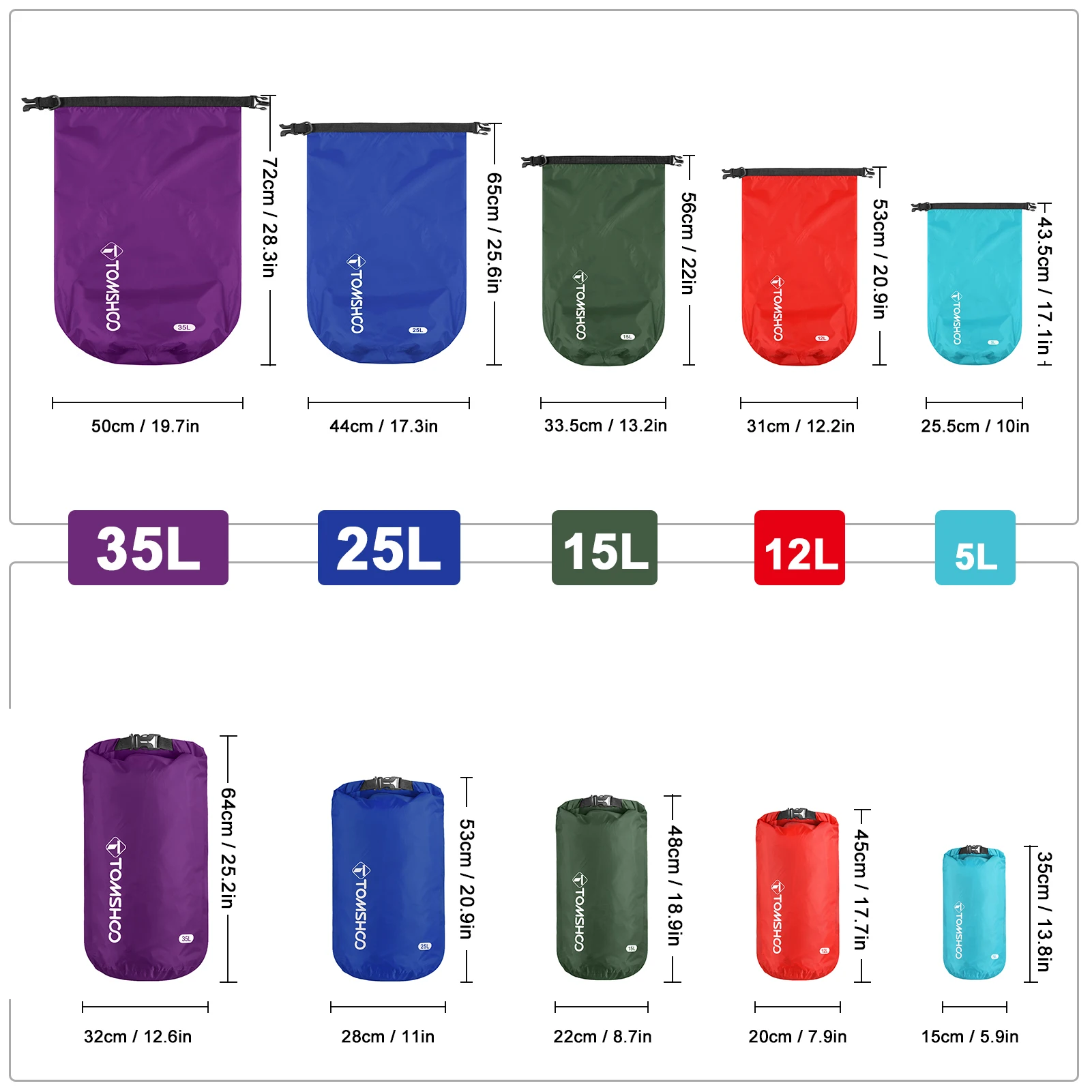 Wodoodporne suche worki TOMSHOO opakowanie 3/5 lekkich wodoodpornych worki wodoodporne do przechowywania na kemping na świeżym powietrzu, żeglarstwo