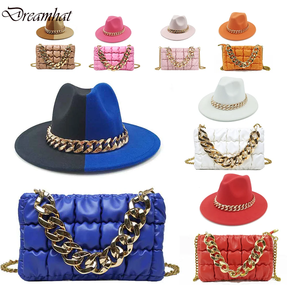 Fedoras Bag Set Hat For Women Jazz Cap Golden Chain Leather Bag Unisex Fashion Church Hat Wide Brim Autumn Winter Hat шапка