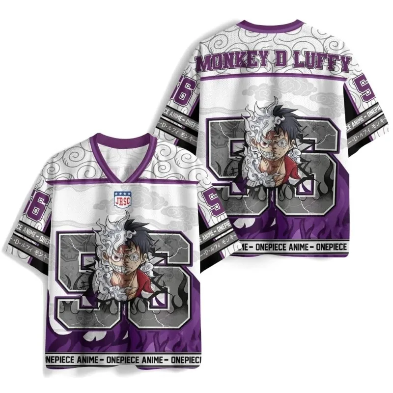 2026 Brand New One Piece Luffy Gear 5 American Football Jersey, Mesh Breathable, Anime Couple Style Sports Short-Sleeve Shirt