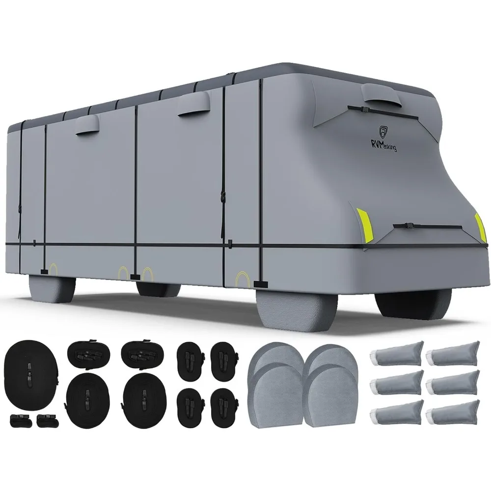 

600D Top Class C RV Cover for 23'-26' Motorhome Rip-Stop Windproof RV Cover with 4 Tire Cover & Tongue Jack Cover, Gray