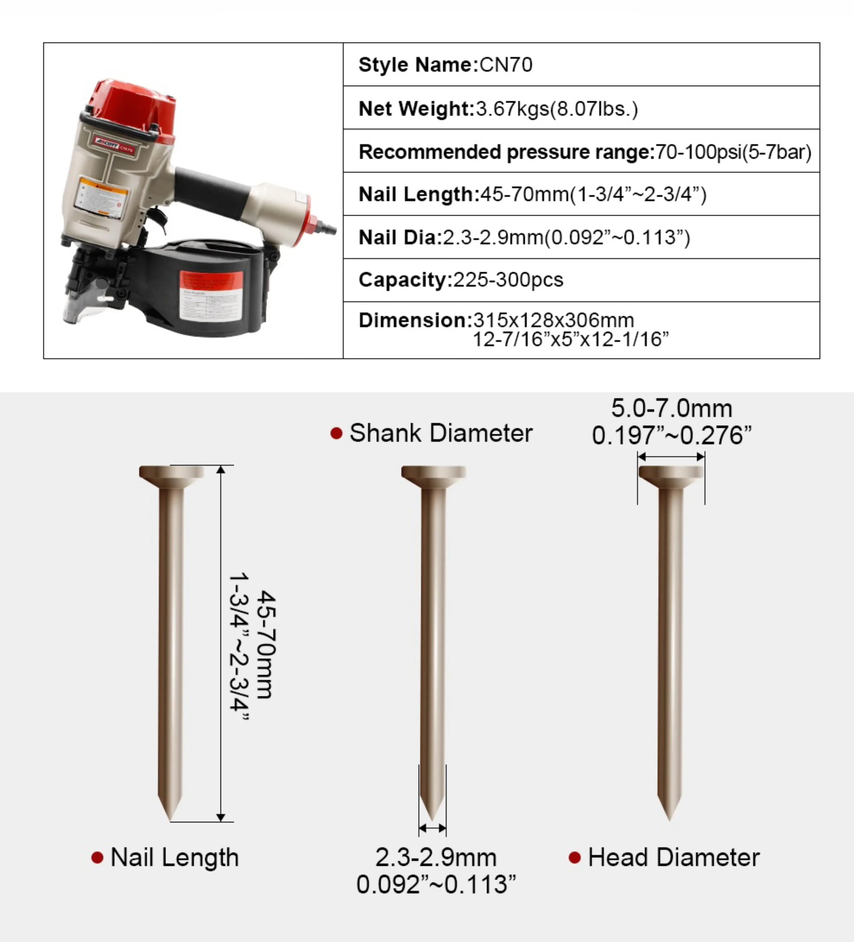 CN70 45-70mm 15 Gauge neumático Max bobina de techo, clavadora de cubierta, pistola de clavos de aire para paleta