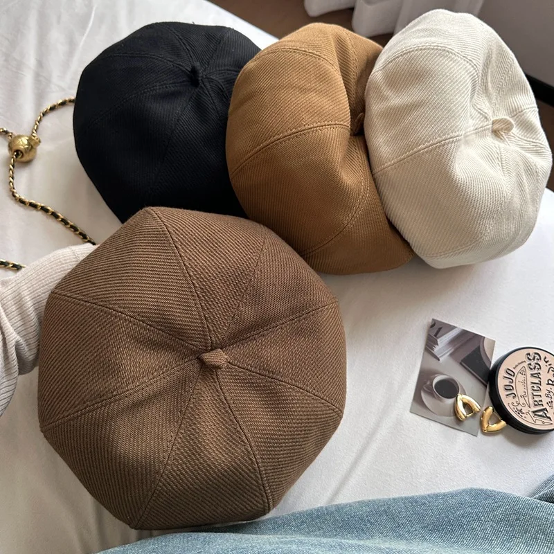 Beanie Octagonal Hat Solid Colour Coarse Grain Cotton Beret Cap women's Autumn Winter Literature Retro Simple painter's Hats