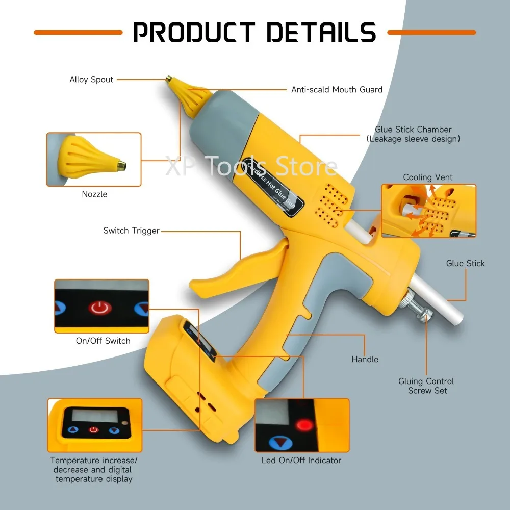 

Cordless 100W Hot Melt Glue Gun Crafts DIY Repairs Tool with 10pcs 11mm Sticks for Dewalt/Milwaukee/Makita/Bosch (No Battery)