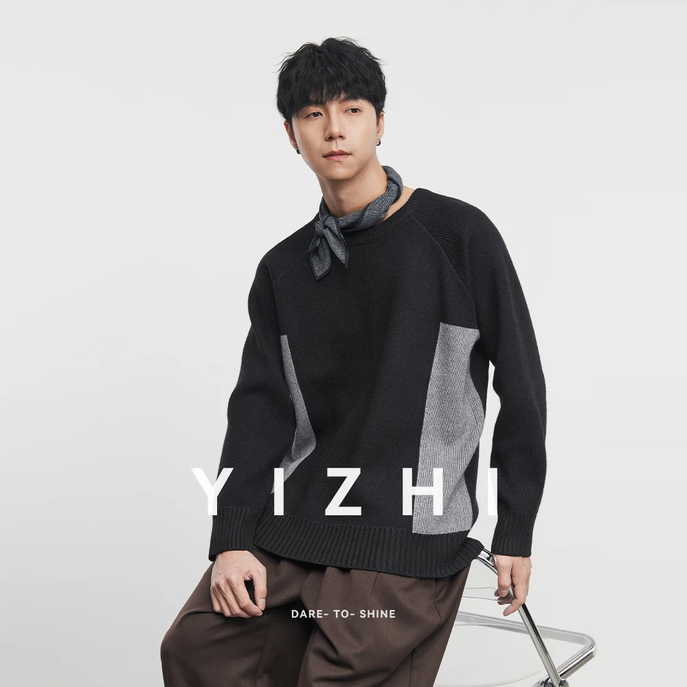 

Fashion Men's Crew Neck Sweater Black And Gray Color Block Casual Knitted Pullover Long Sleeve Fashion Autumn Winter Top