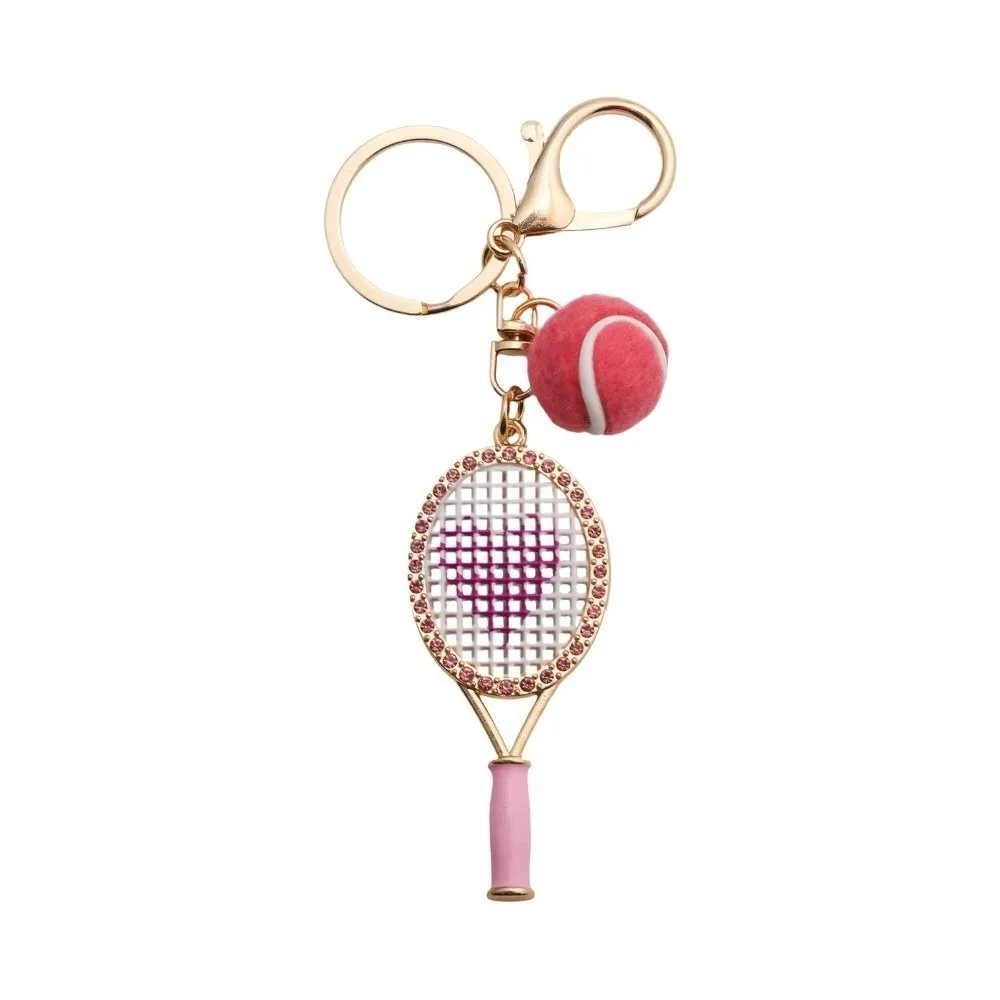 Alloy Inlaid Rhinestone Tennis Racket Keychain Mini Felt Ball Metal Pendant Design Bag Charm Pendant DIY Craft Style