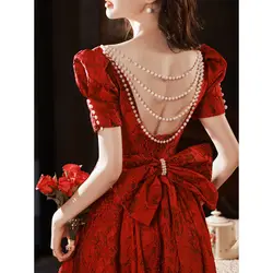 Princess Burgundy Floral Print Backless Prom Party Dress Sexy Short Sleeves Square Neck Toast Clothing