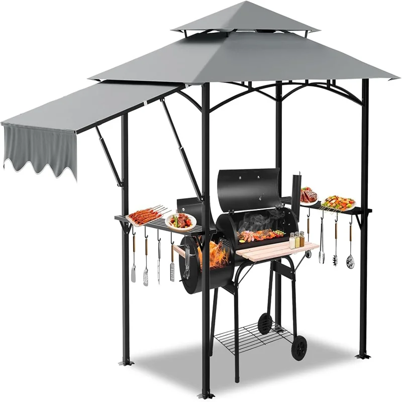 8'x 5' Double Tiered Grill Gazebo Canopy, Outdoor BBQ Gazebo Shelter with LED Light, Black Steel Frame Grill, Patio Canopy Tent