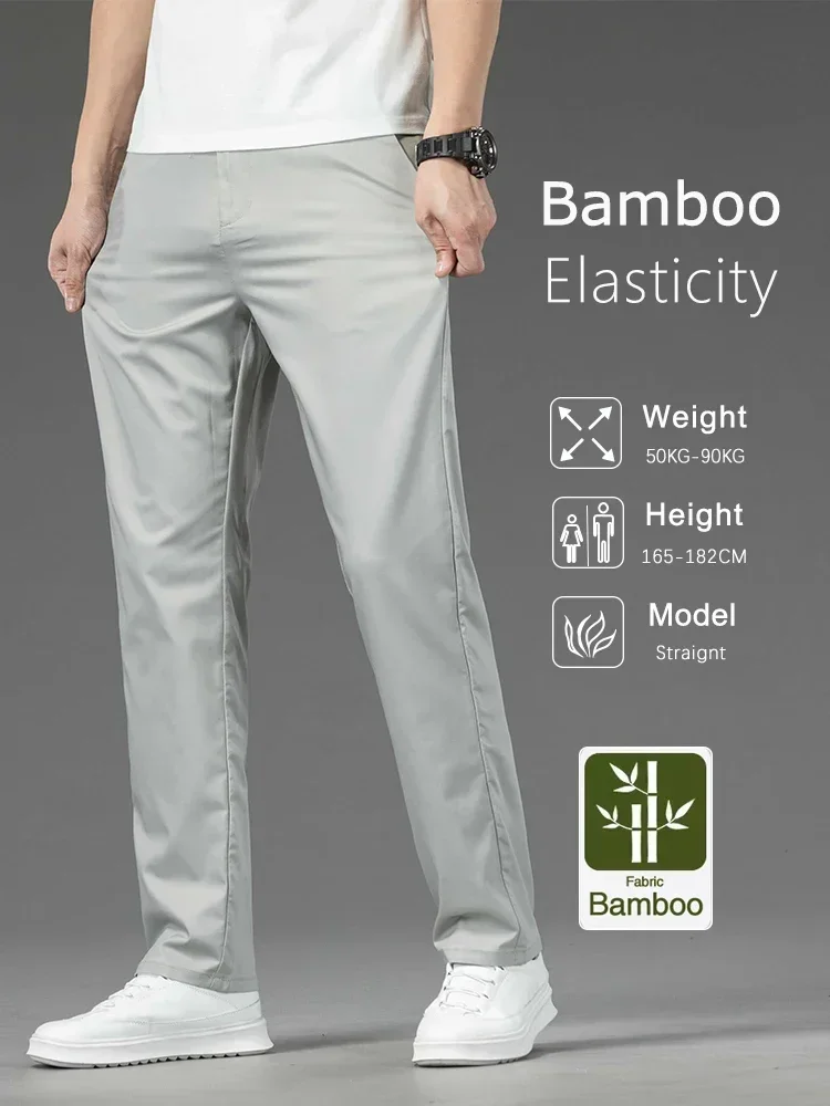 

Pop Thin Men Bamboo Summer Pants Casual High Quality Business Classic Fashion Stretch Slim Formal Straight Trousers Black Gray K