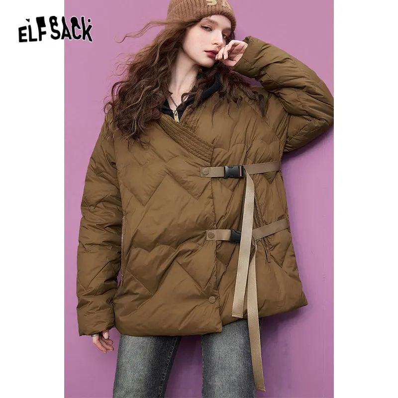 ELFSACK 여성용 블랙 다운 코트, 중국 스타일 루즈 디자인 재킷, 2023 겨울 신상