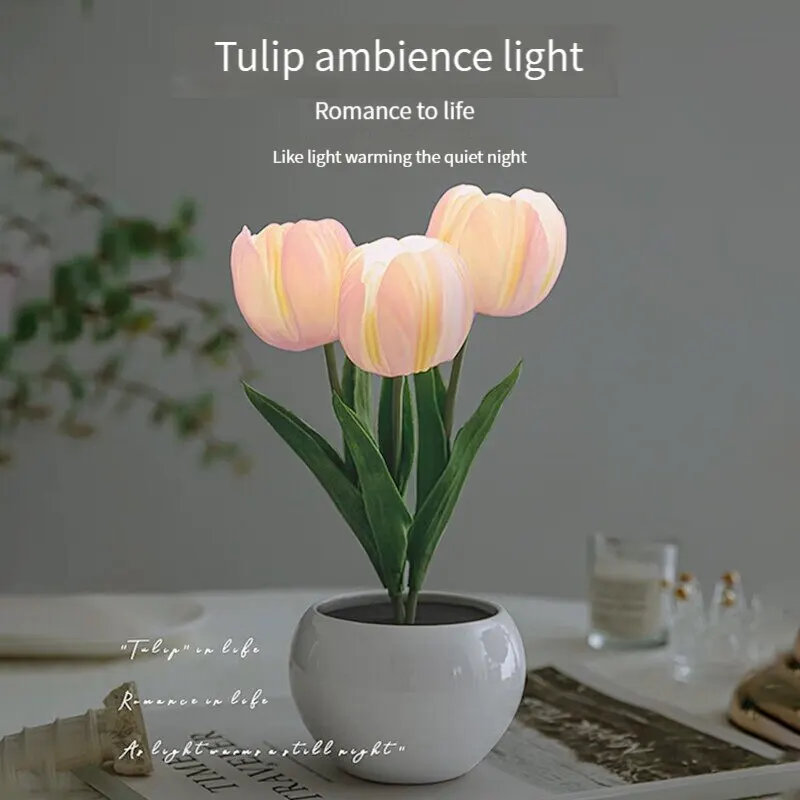 LED Tulip Night Light Can Be Plugged In Or On The Battery Bedroom Room Dormitory Bedside Ambient Light White / Pink Sleep Light